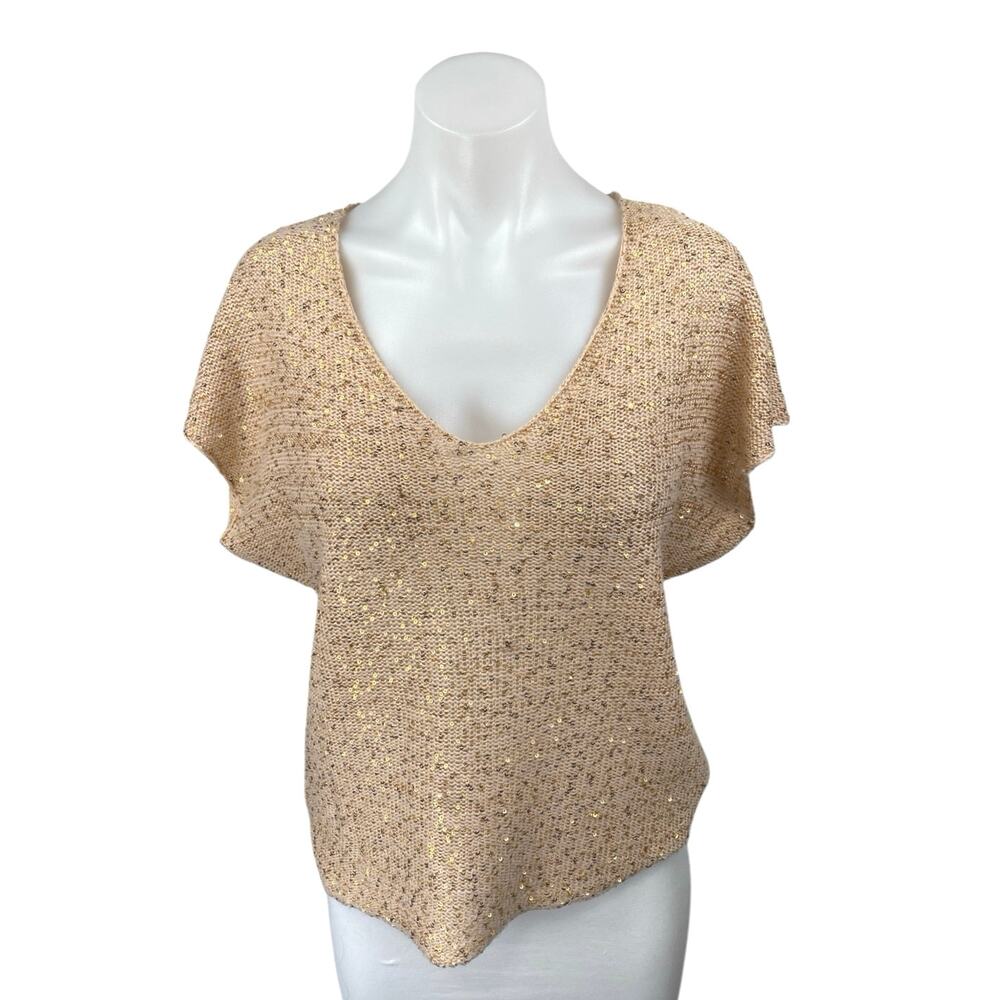 Reserved Women's Tan Sequin Knit Short Sleeve Deep V-Neck Sweater Top Size M